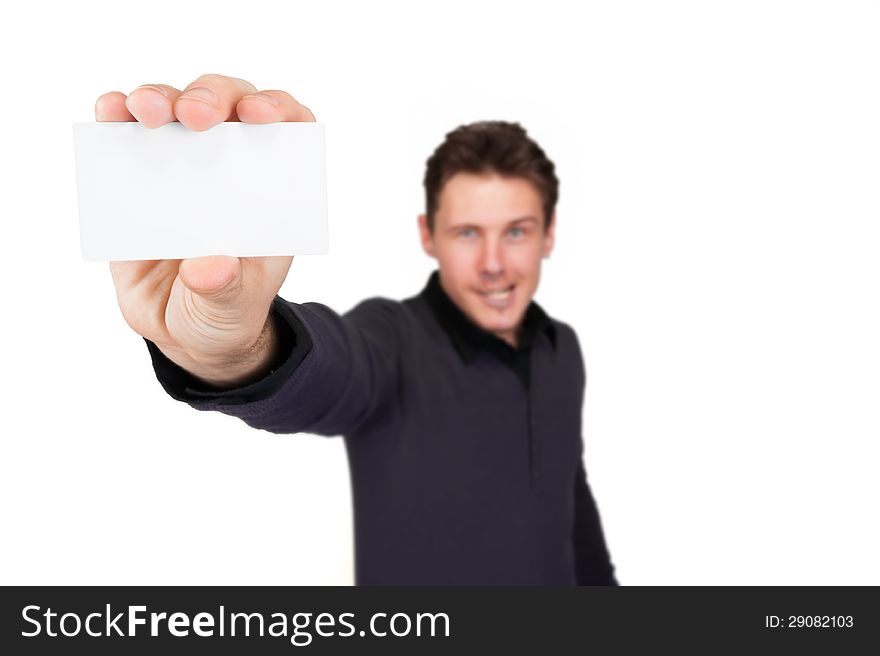 Man with business card in hand