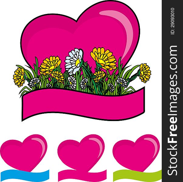 Hearts set for the holiday of love with flowers and banner valentine. Hearts set for the holiday of love with flowers and banner valentine
