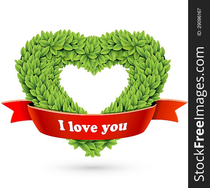 Heart of leaves with red ribbon and text