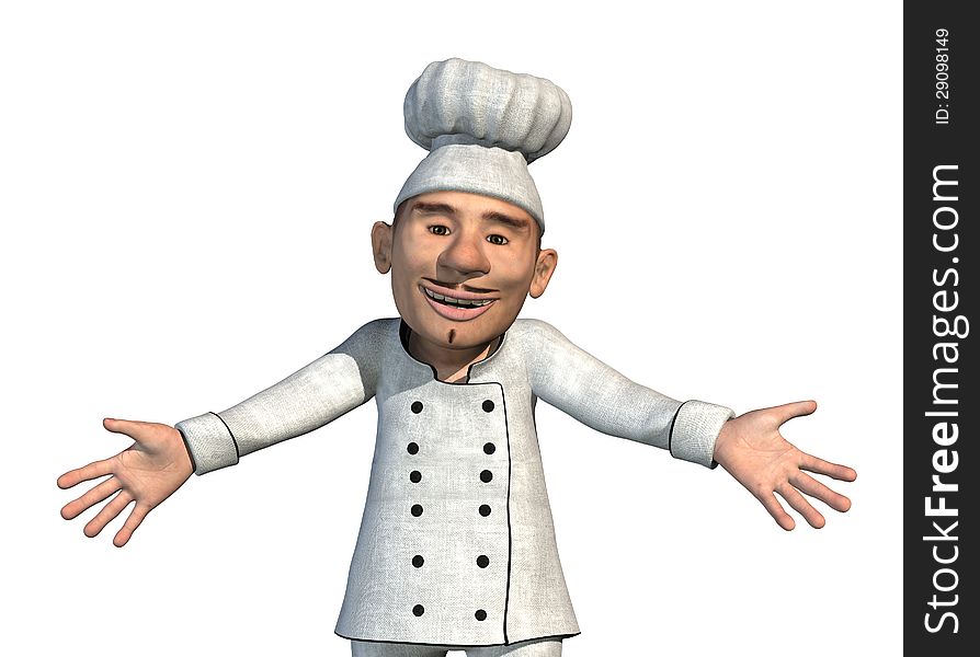 A chef proudly displays all of the delicous food he's prepared - 3d render. Great for a menu border. A chef proudly displays all of the delicous food he's prepared - 3d render. Great for a menu border.