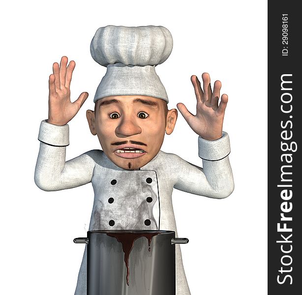 A chef is horrified to discover that his sauce has boiled over and burned - 3d render with digital painting. A chef is horrified to discover that his sauce has boiled over and burned - 3d render with digital painting.