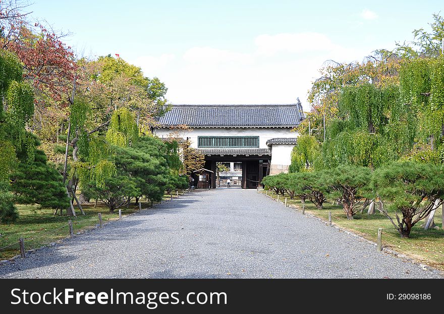 Secondary gate to the Kyoto Nijo castle gardens. Nijo Castle is a flatland castle located in Kyoto, Japan.