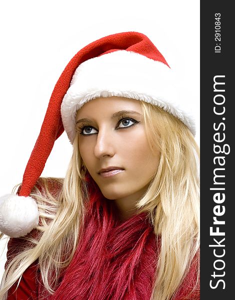 Attractive girl wearing santa claus hat isolated on white (Christmas conception)