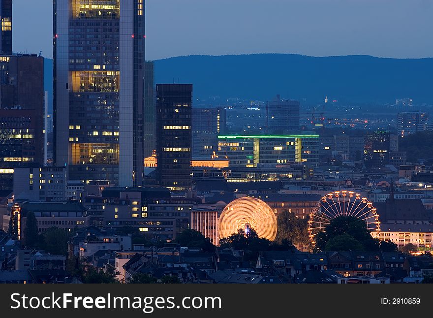 Frankfurt City at Dusk, with Fairground. Frankfurt City at Dusk, with Fairground