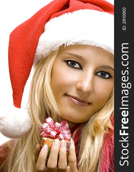 Attractive girl wearing santa claus hat isolated on white (Christmas conception)