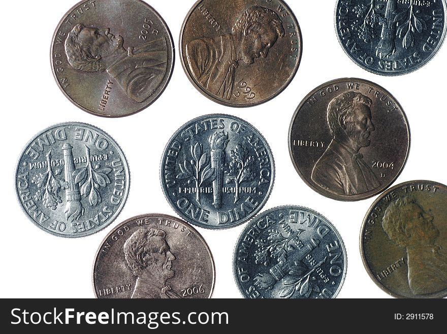 Several US American Coins On A White Background, Money