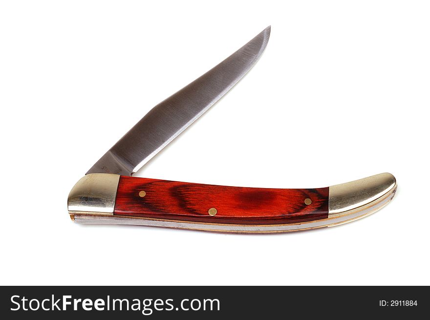 Wooden inlay pocketknife partially open on a white background