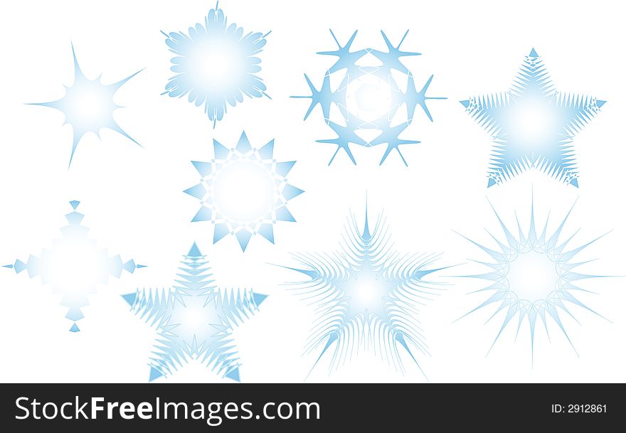 Vector rendering of stylized diverse snowflakes for layouts requiring winter scenery