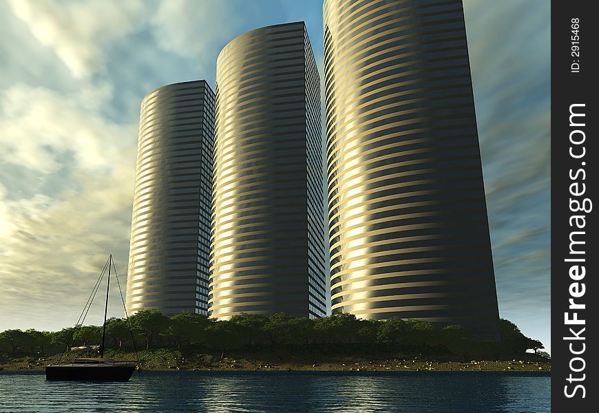 Beautiful high-rise towers on a river shore. Beautiful high-rise towers on a river shore.