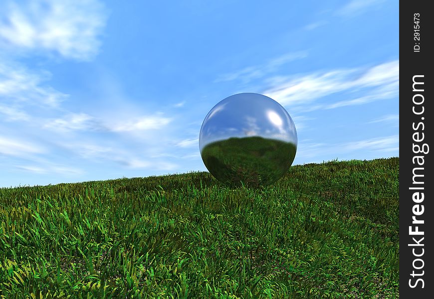 Highly polished metal ball rolling through grass. Highly polished metal ball rolling through grass.