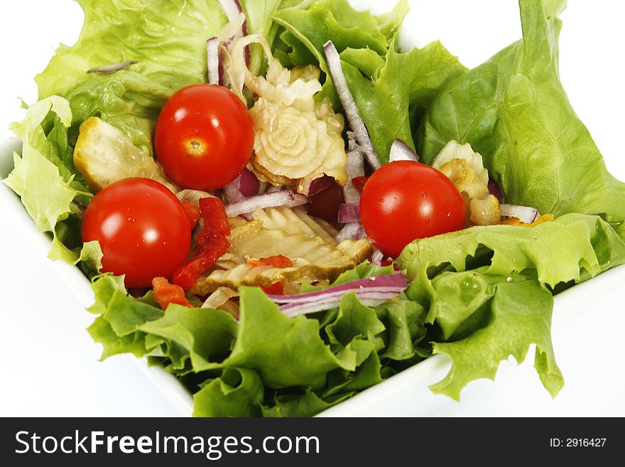 Vegetable salad: mushrooms onion pepper lettuce and sauce