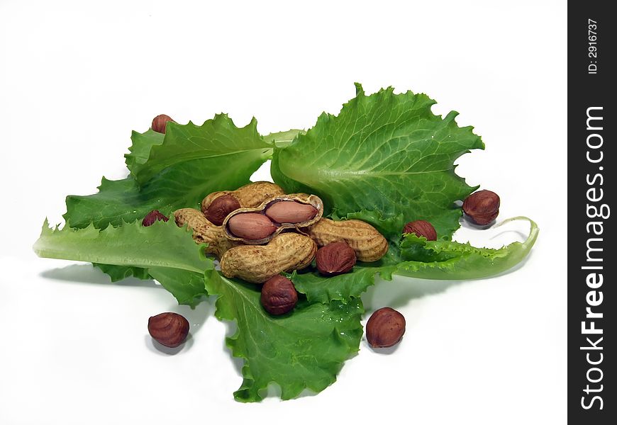 Leaves of a salad, peanuts and hazelnuts isolated. Leaves of a salad, peanuts and hazelnuts isolated