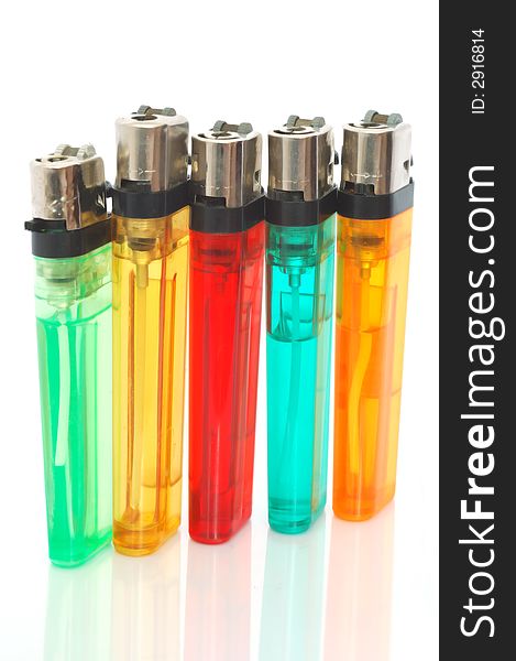 Coloured different lighters on white background. Coloured different lighters on white background