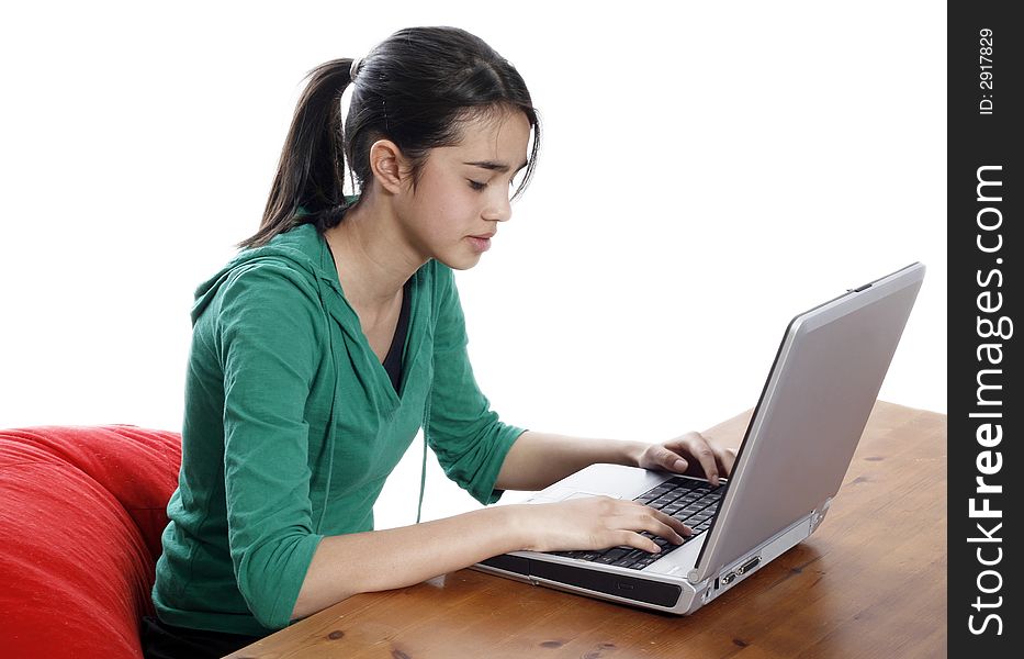 Young women working on a laptop and smiling. Young women working on a laptop and smiling