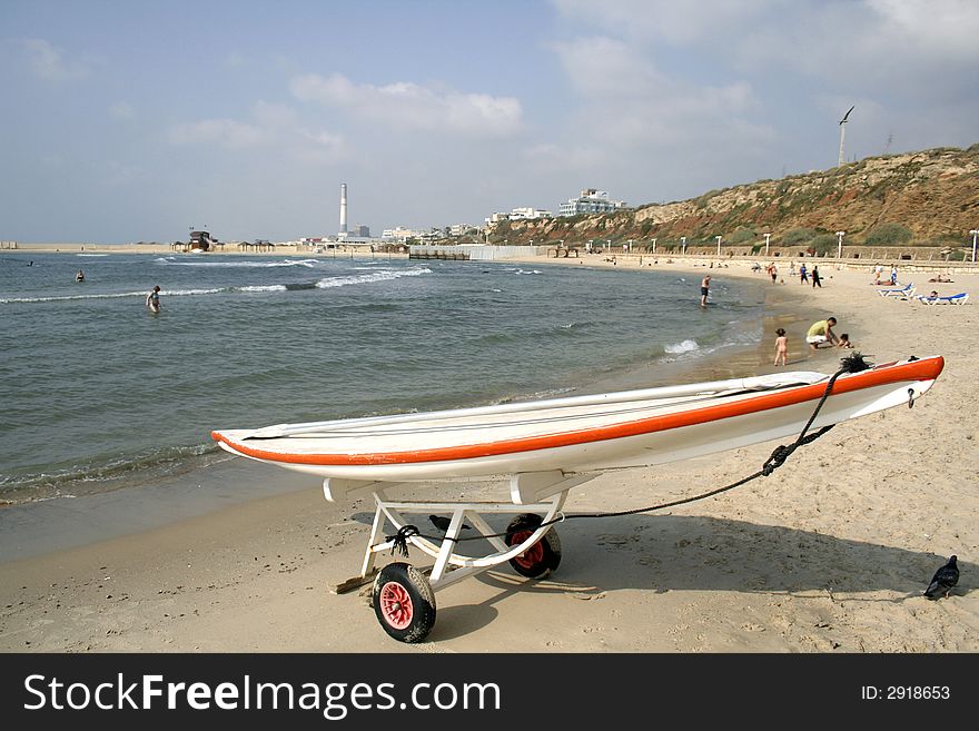 Sailing boat on beach in tel aviv