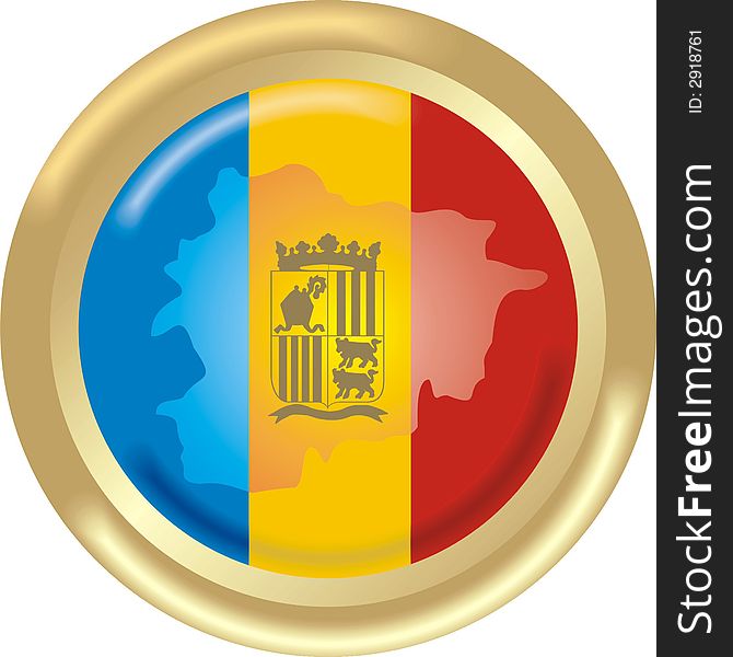 Art illustration: round gold medal with map and flag of andorra