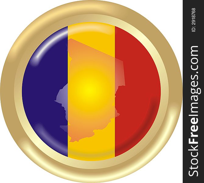 Art illustration: round gold medal with map and flag of Chad