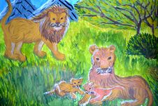 Family Of Lions On Child S Picture Royalty Free Stock Photo