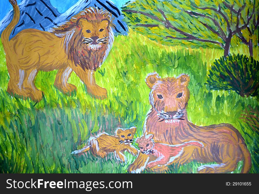 Child's picture with the image of family of lions. Child's picture with the image of family of lions