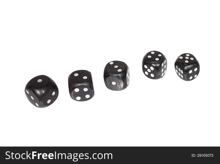 Five dices in straight order from left to right isolated on white background
