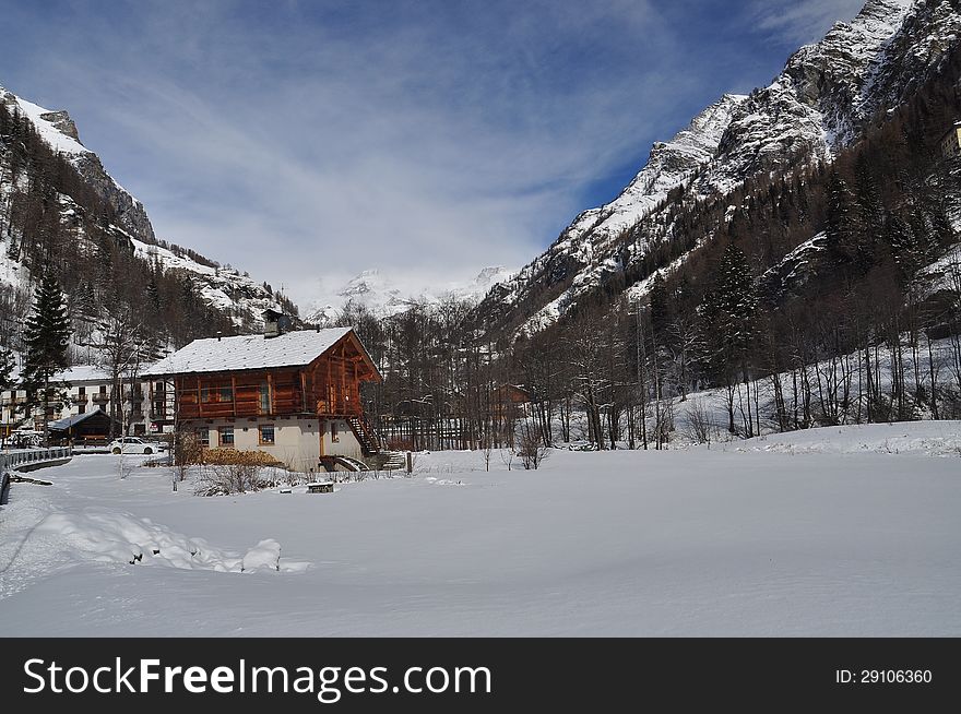 Aosta Valley (Valle Aosta) region, Gressoney and Monte Rosa, Italian Alps. Mountain Winter landscape. Aosta Valley (Valle Aosta) region, Gressoney and Monte Rosa, Italian Alps. Mountain Winter landscape