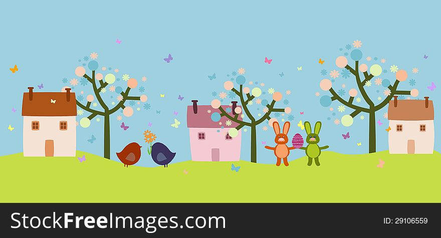 Illustration of Easter and spring with blossom trees, bunnies, love birds, eggs, butterflies. Happy Easter banner.