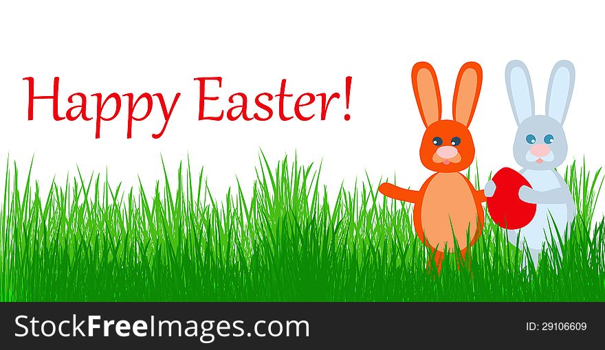 Two Easter Bunnies with red Egg in grass. Happy Easter banner.