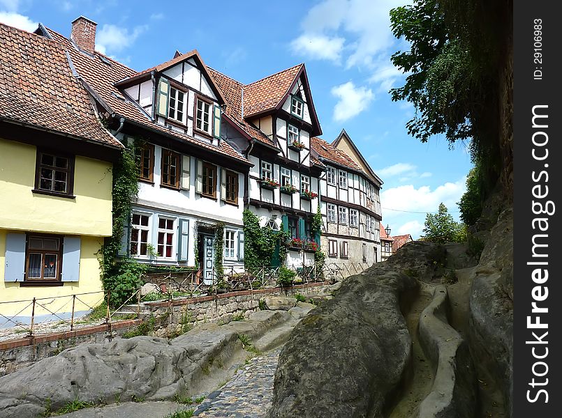 Near the base of castle-hill in Quedlinburg there are splendid preserved timbered houses. Near the base of castle-hill in Quedlinburg there are splendid preserved timbered houses.
