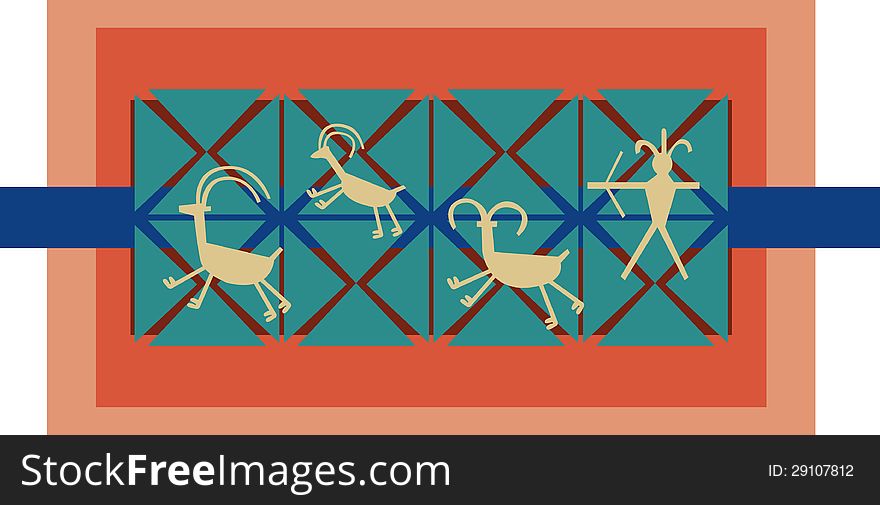Design with hunter and animals in southwest colors. Design with hunter and animals in southwest colors