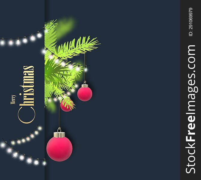 Christmas luxury symbols on blue black background. Red pink balls baubles, realistic Xmas fir branches , text with Christmas wises over blue black. 3D render. Holiday card with Xmas red pink ornament