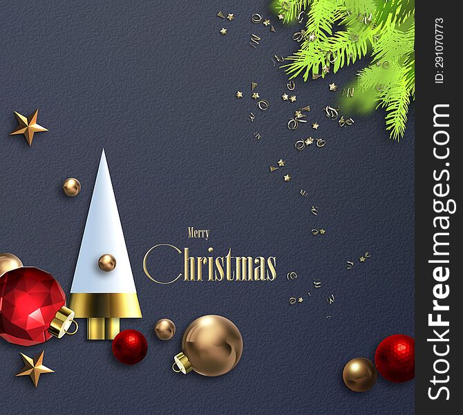 Beautiful Christmas holiday card. Abstract red bauble, abstract Xmas tree in blue. Xmas 2024 New Year corporate card invitation, place for text. Golden text Merry Christmas 3Drender