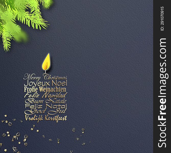Merry Christmas card in different languages in shape of candle on blue background, fir branches, gold confetti. Corporate Christma
