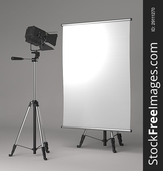 Flipchart on Tripod and Studio Lighting on Grey Background. Flipchart on Tripod and Studio Lighting on Grey Background.