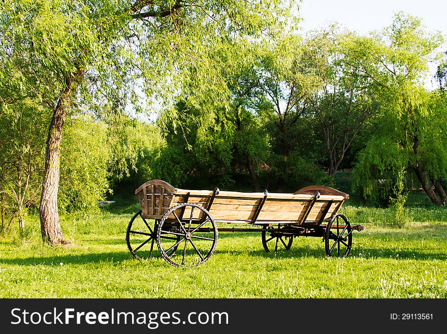Lonely cart among green grass landscape