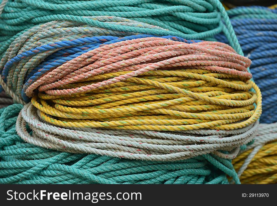 Colorful nylon rope used to tie down lobster floats and lobster traps. Colorful nylon rope used to tie down lobster floats and lobster traps