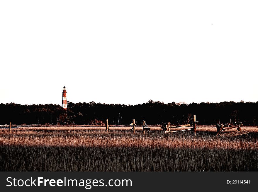 Assateague Lighthouse on the Virgina coast with marshes at sunset. Assateague Lighthouse on the Virgina coast with marshes at sunset