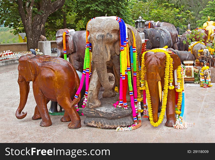 Group of decorated wooden elephants. Group of decorated wooden elephants