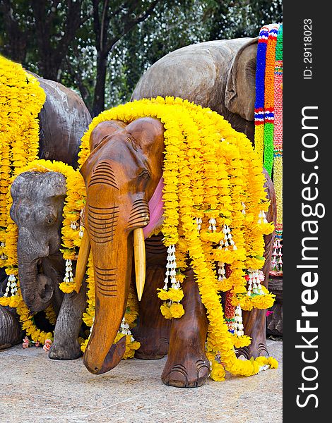 Group of decorated wooden elephants. Group of decorated wooden elephants