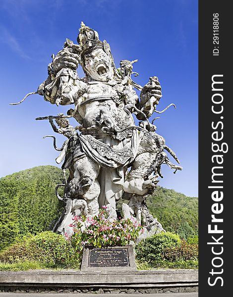 Kumbakarna Laga statue in Eka Karya Botanical Garden, Bedugul, Bali, Indonesia. The statue storytells a Hindu literature about the battle between Kumbhakarna and the monkey army led by Rama.