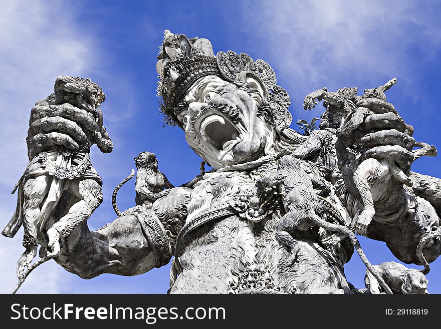 Kumbakarna Laga statue in Eka Karya Botanical Garden, Bedugul, Bali, Indonesia. The statue storytells a Hindu literature about the battle between Kumbhakarna and the monkey army led by Rama.