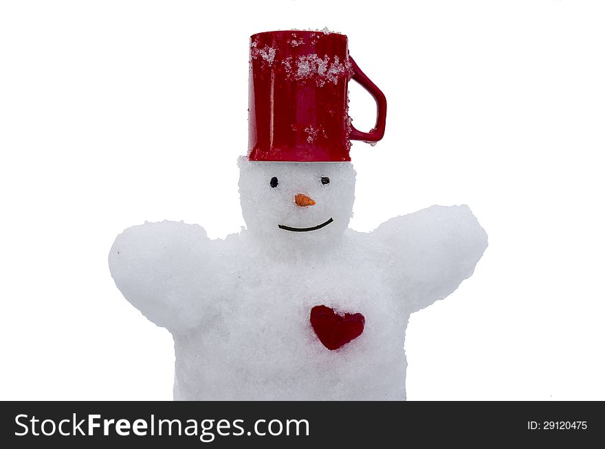 A snowman with red heart front of white background waiting for a hug.