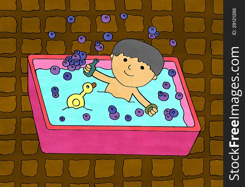 A cute boy playing with his rubber ducky while bathing in a tub. A cute boy playing with his rubber ducky while bathing in a tub