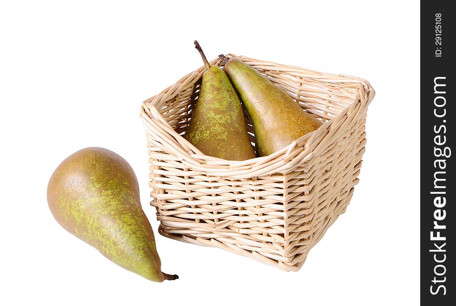 Pears in a small basket on a white background