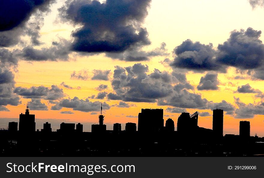 Skyline of The Hague at sunset