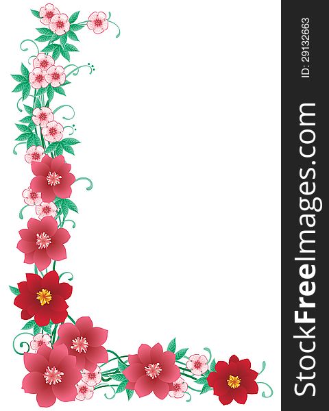 Vector decorative  corner with many pink flowers and green leaves. Vector decorative  corner with many pink flowers and green leaves