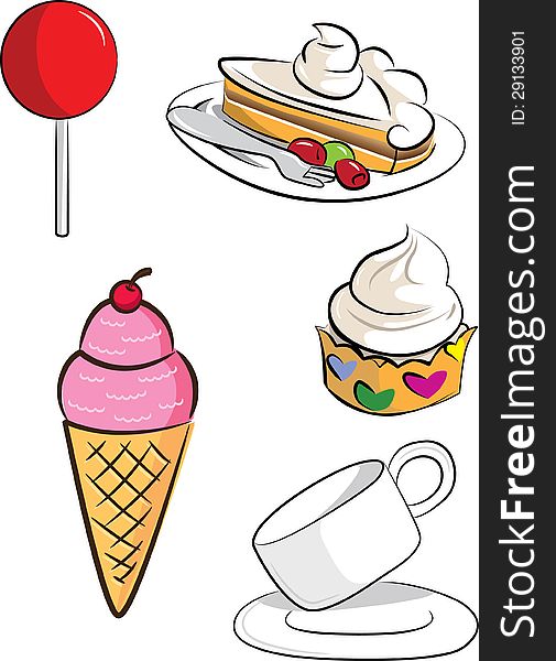 Illustrations set dessert of ice cream, coffee, cupcake. Illustrations set dessert of ice cream, coffee, cupcake