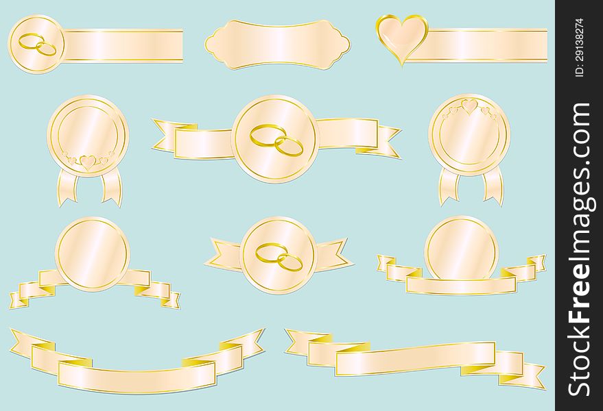 Set of wedding and love ribbons, badges and labels. Vector illustration. Each design element is on a separate layer.