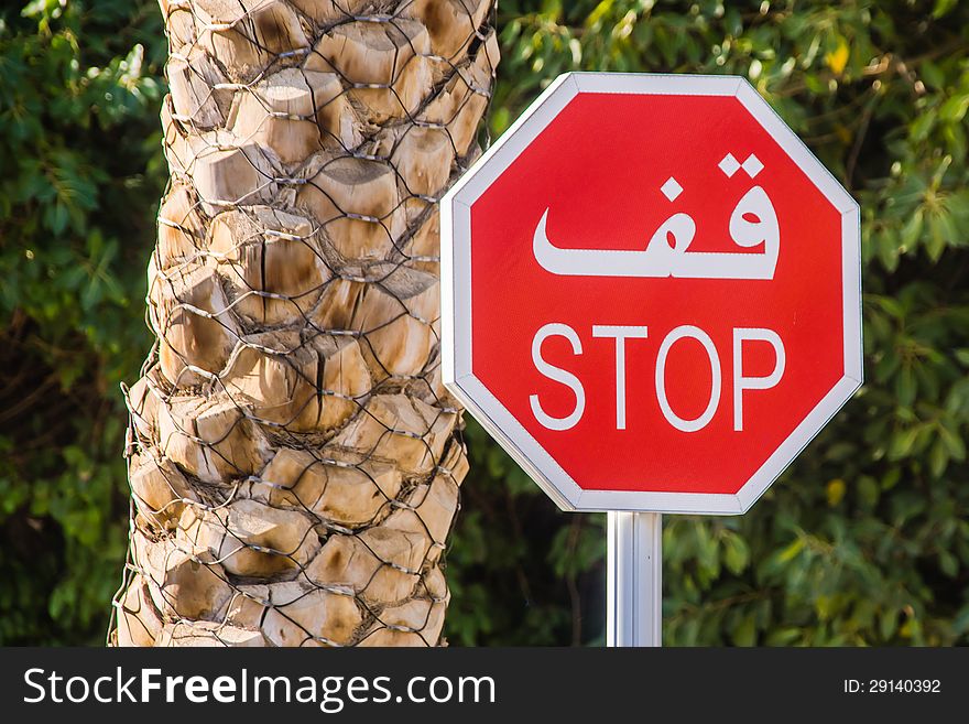 Arabic road sign on the background of the palm tree