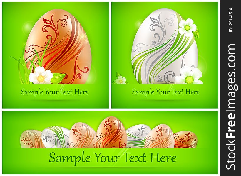 Easter eggs with flowers and grass on green & text, vector illustration. Easter eggs with flowers and grass on green & text, vector illustration
