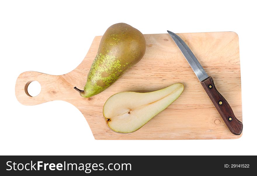 Pear, knife and chopping board isolated on the white